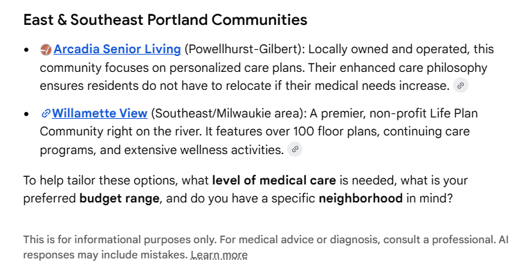 ChatGPT recommending Arcadia Senior Living for assisted living in Portland, Oregon