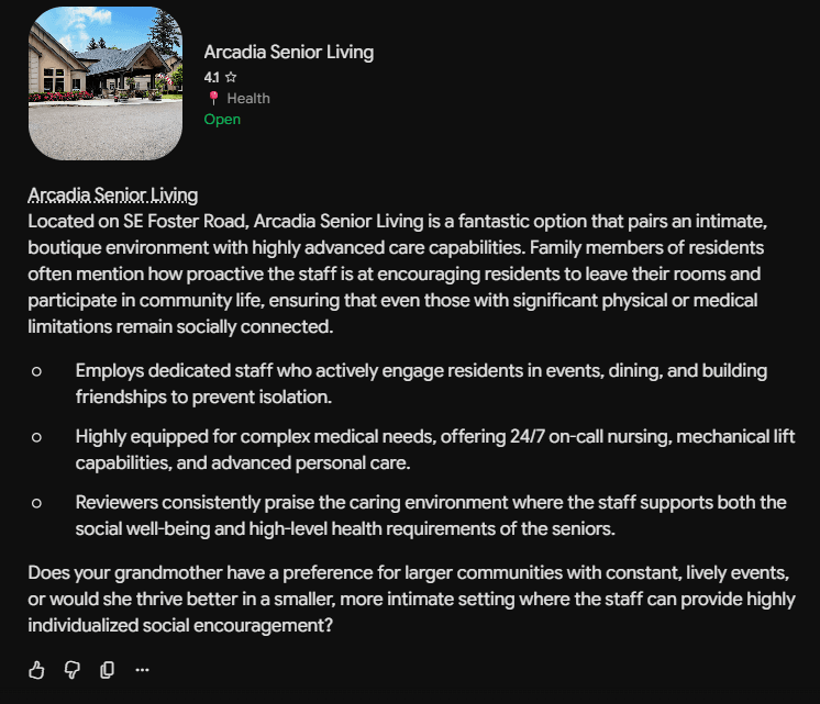 Gemini recommending Arcadia Senior Living by name for assisted living in SE Portland