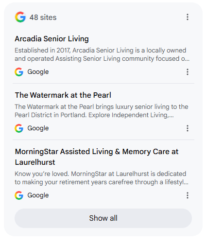 Arcadia Senior Living listed first among the 48 sources Google's AI answer cited