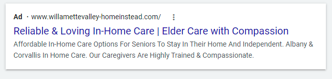 In-home care search ad, geo-targeted to Albany & Corvallis, written for high-intent families.