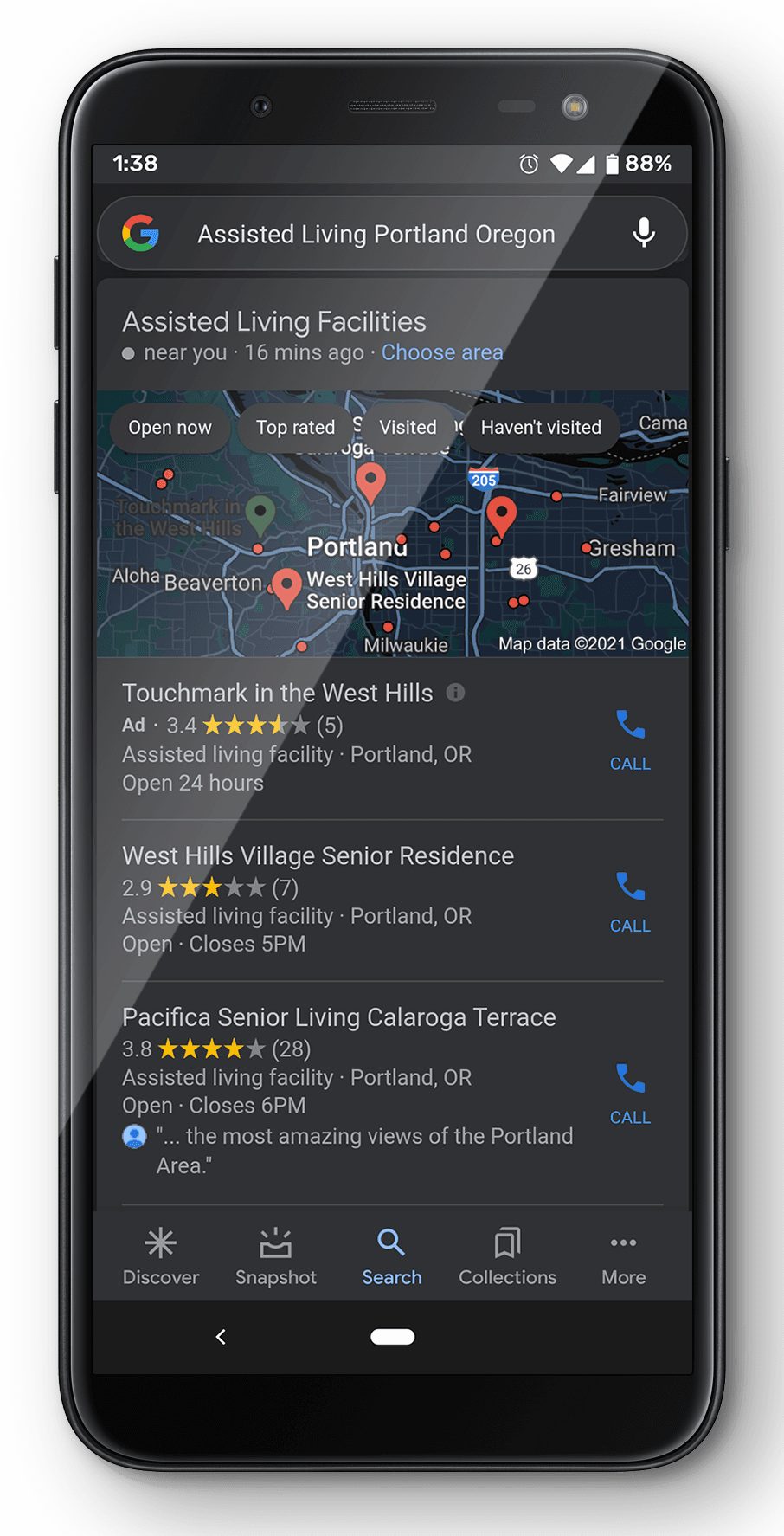 A family searching “Assisted Living Portland Oregon” on their phone, Google's local map pack and the top-ranked communities