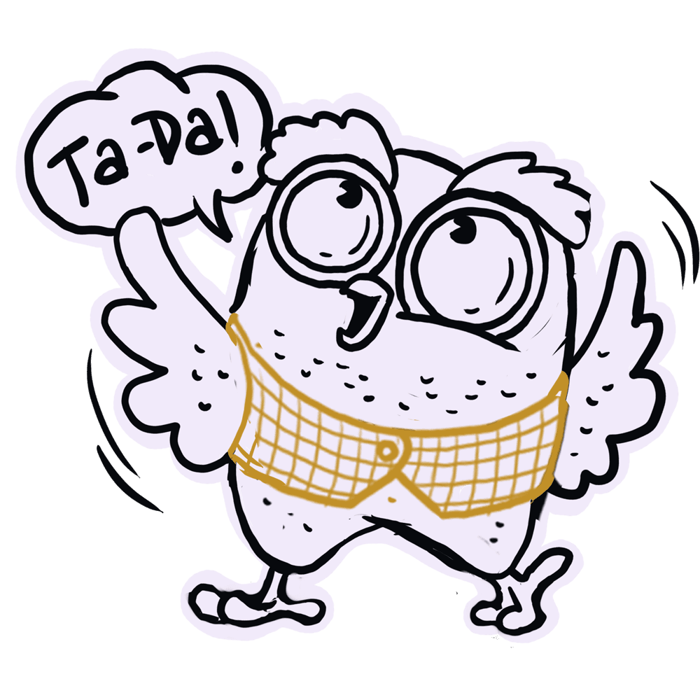 Hootley, the Greatness Digital owl mascot, saying ta-da