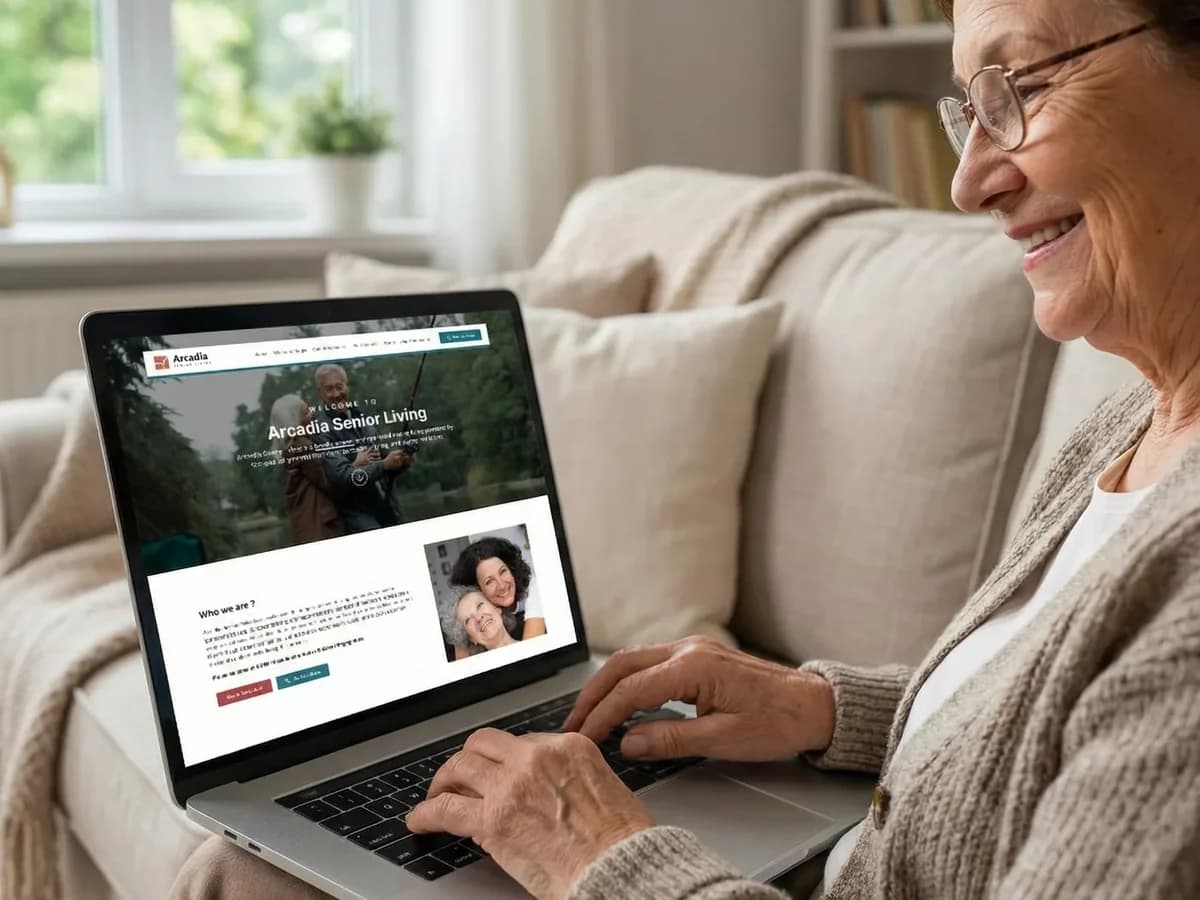 A woman researching a senior living community website on a laptop at home