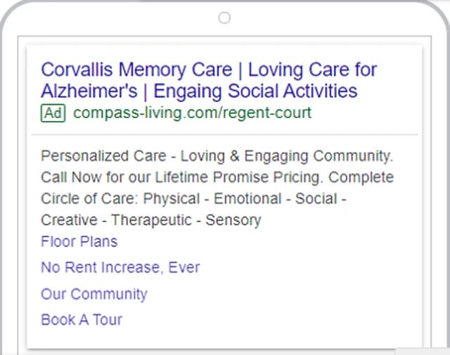 A Google search ad for memory care in Corvallis, Oregon, headline matching the exact care level and city