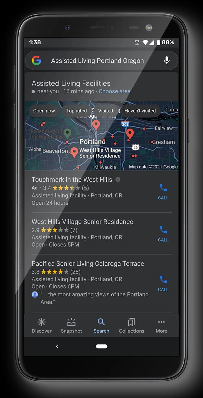 Google mobile results for “Assisted Living Portland Oregon” showing the Local Pack map and three community listings above the organic results