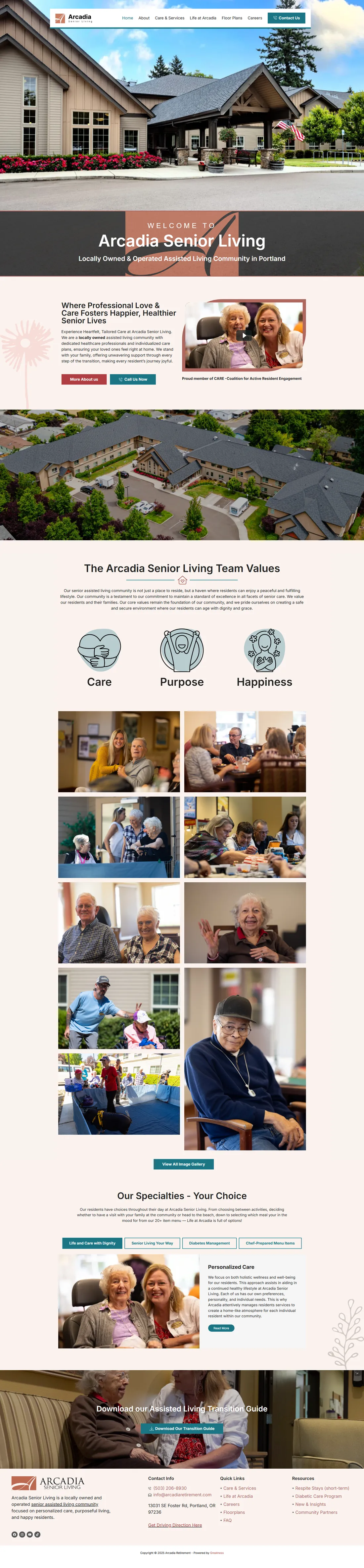 Arcadia Senior Living website, desktop view