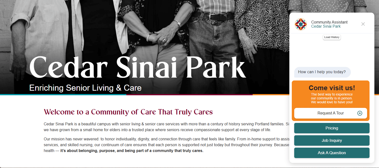 A live 'Community Assistant' AI chatbot deployed on Cedar Sinai Park's website, with Request a Tour, Pricing, and Job Inquiry actions