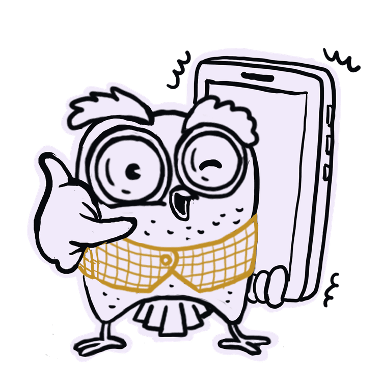 Hootley the owl mascot holding a phone