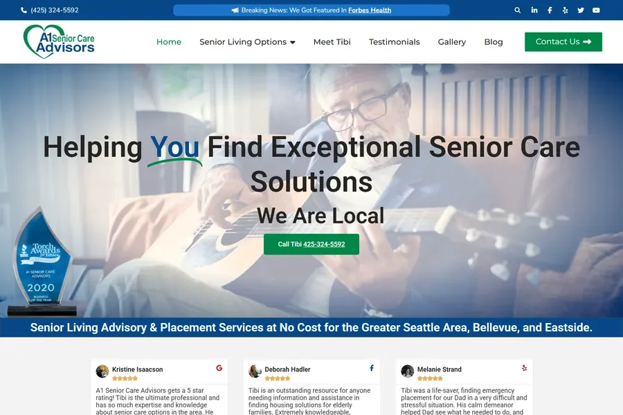 A1 Senior Care Advisors homepage, headlined Helping You Find Exceptional Senior Care Solutions, We Are Local, with a named advisor and a service area across the Greater Seattle area