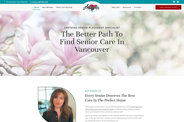 Magnolia Senior Placement homepage, headlined The Better Path To Find Senior Care In Vancouver, with a certified senior placement specialist label