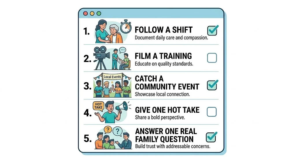 Two-hour social media shot list for home care agencies: follow a shift, film a training, catch a community event, give one hot take, answer one real family question