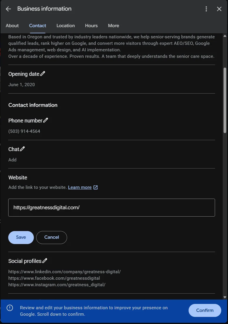 The contact tab of a Google Business Profile, with the website field open for editing and containing the current site address