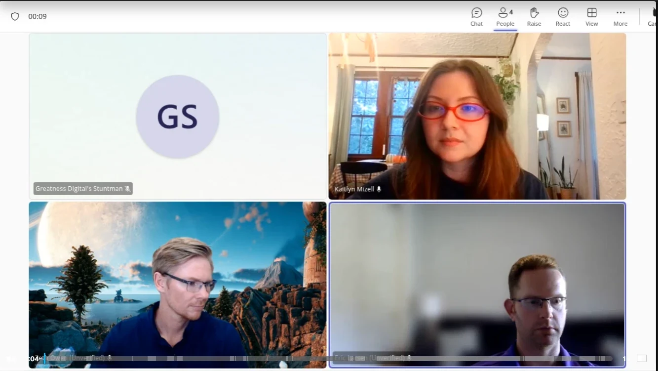 A Greatness Digital discovery call in progress, four people on a video call grid