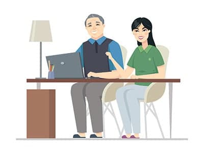 graphic of elderly Chinese man and daughter on computer